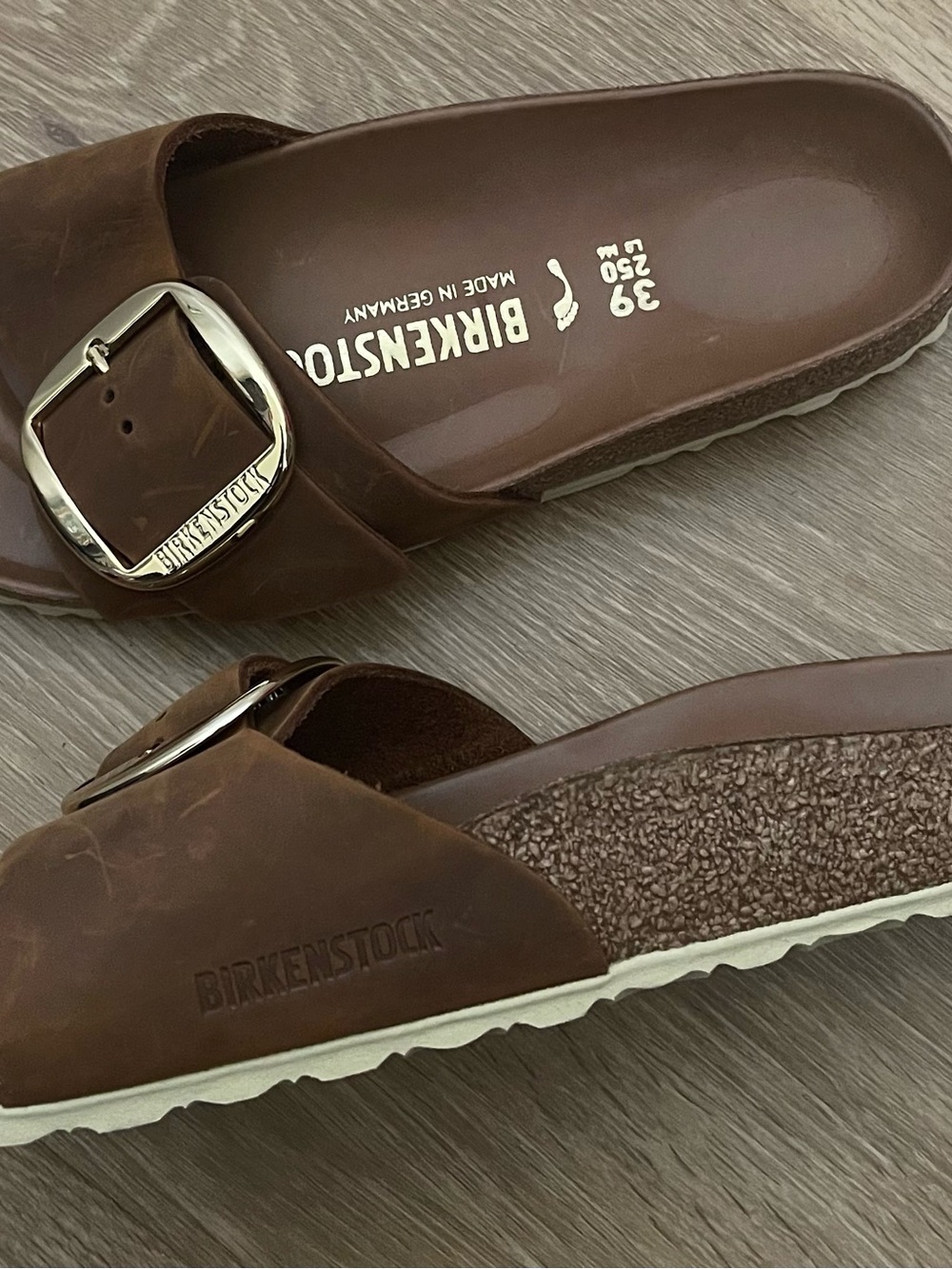 Birkenstock Madrid Big Buckle Cognac Leather Slide Sandals - Picture 13 of 15